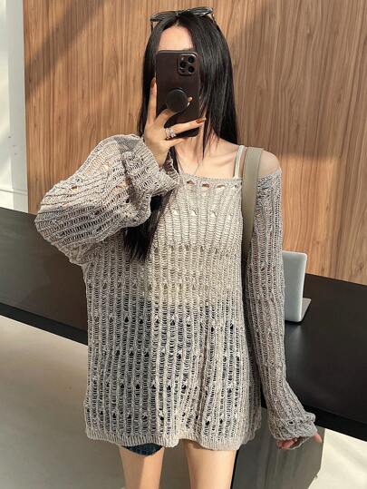 DAZY 纯色宽松镂空宽圆领毛衣女式露肩毛衣长袖上衣夏季透明秋季
