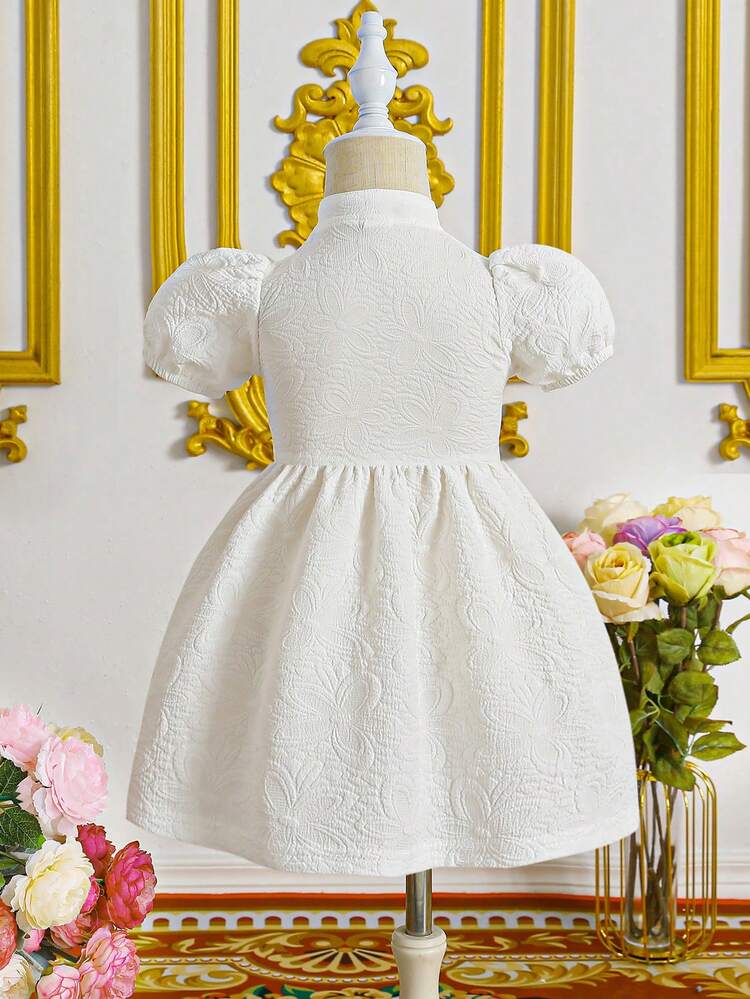 Baby Girl 2024 New Summer Gorgeous Jacquard Stand Collar Bubble Sleeve Fluffy Dress