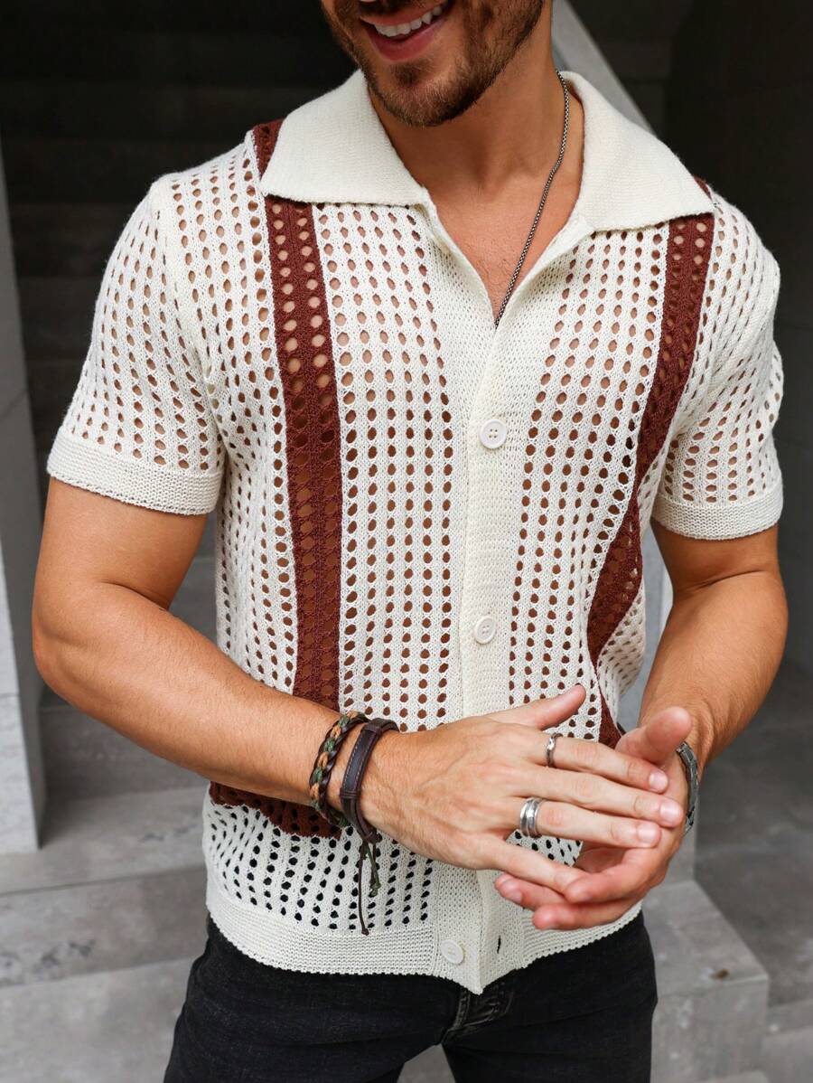 Manfinity Homme 男撞色鏤空短袖針織衫 - 杏色 - 查看 1