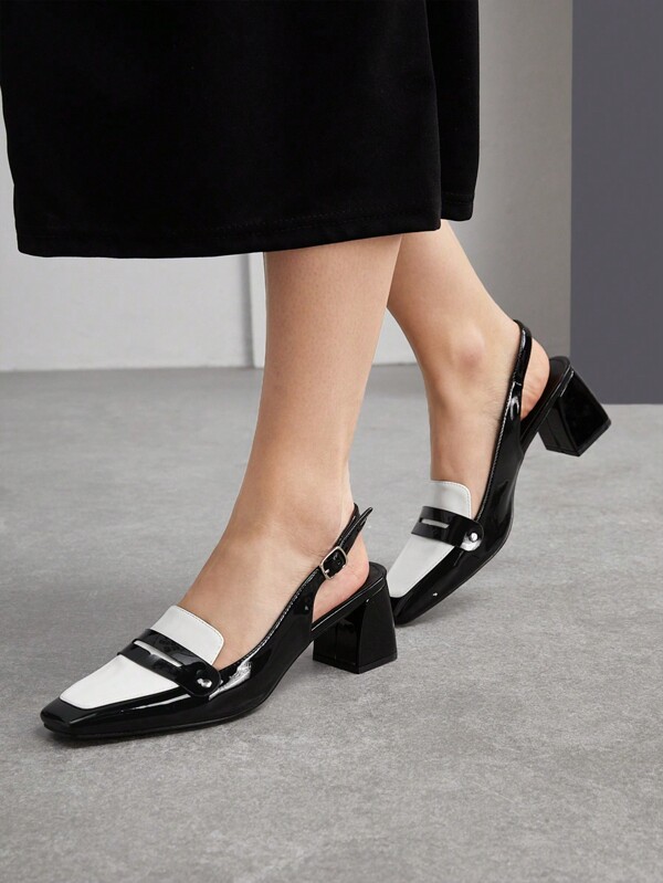CUCCOO BIZCHIC Women's Basic And Classic Square Toe Chunky Heel Mary Jane Shoes In Black And White Two-Tone Design For Summer Graduation Heels Prom Heels Vacation Shoes Summer Elegant Basics Business Casual Business Chic Spring Shoes Spring Break Easter