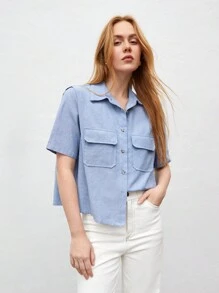 BizChic Women's Solid Color Flip Pocket Shirt - Blue - View 1