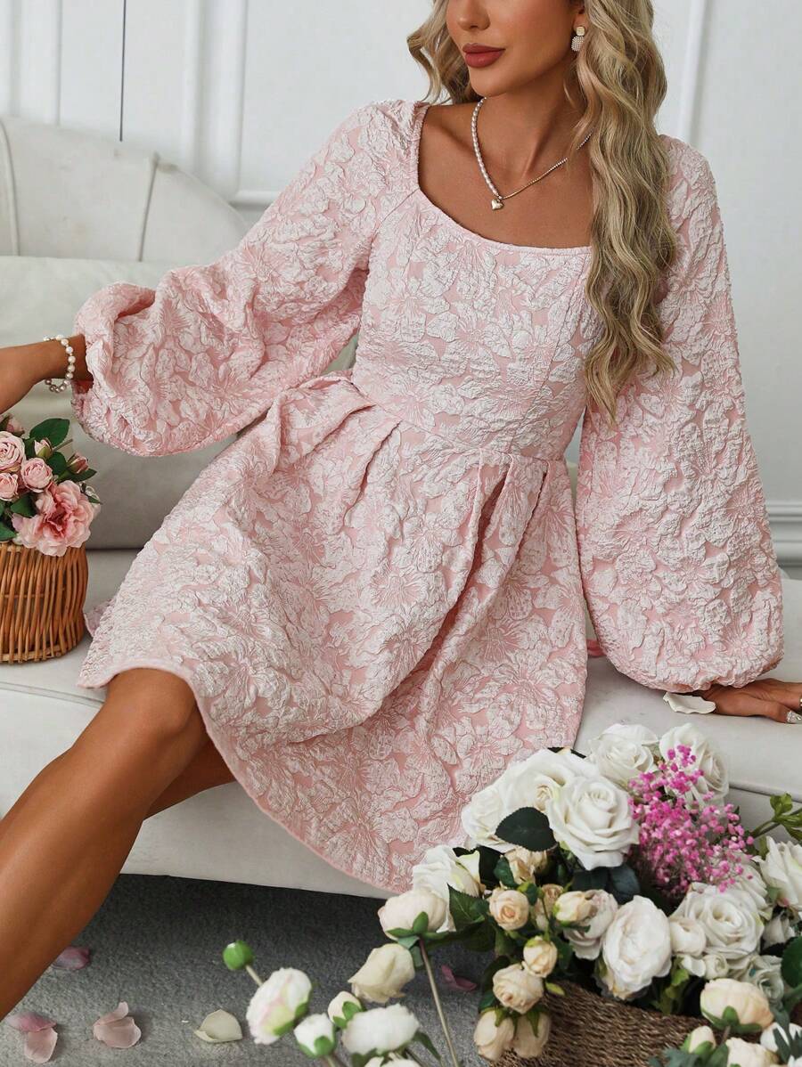 SHEIN Clasi 有紋理3d花卉印花洋裝 - 粉色 - 查看 1