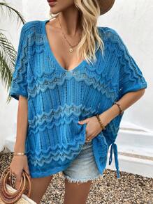Breezaya V-Neck Batwing Sleeve Knitted Top - Blue - View 5