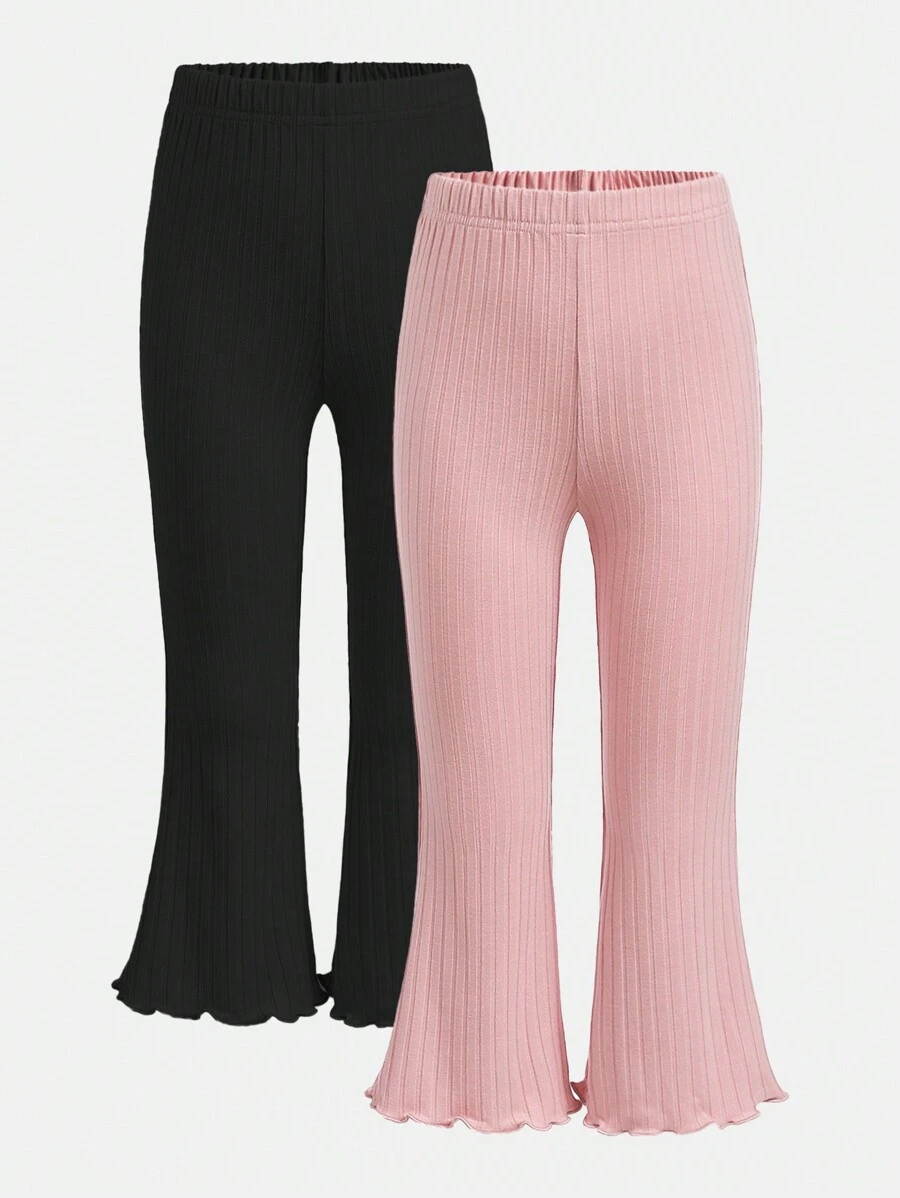 SHEIN Leap Crew 2 件/套 女童针织纯色罗纹喇叭裤 女童喇叭紧身裤 女童喇叭紧身裤 女童喇叭裤 女童喇叭裤 女童喇叭裤套装 - 彩色 - 查看 1