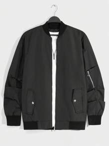 SHEIN Cottnline Men's Zipper Front Long Sleeve Baseball Collar Jacket - Black - View 1