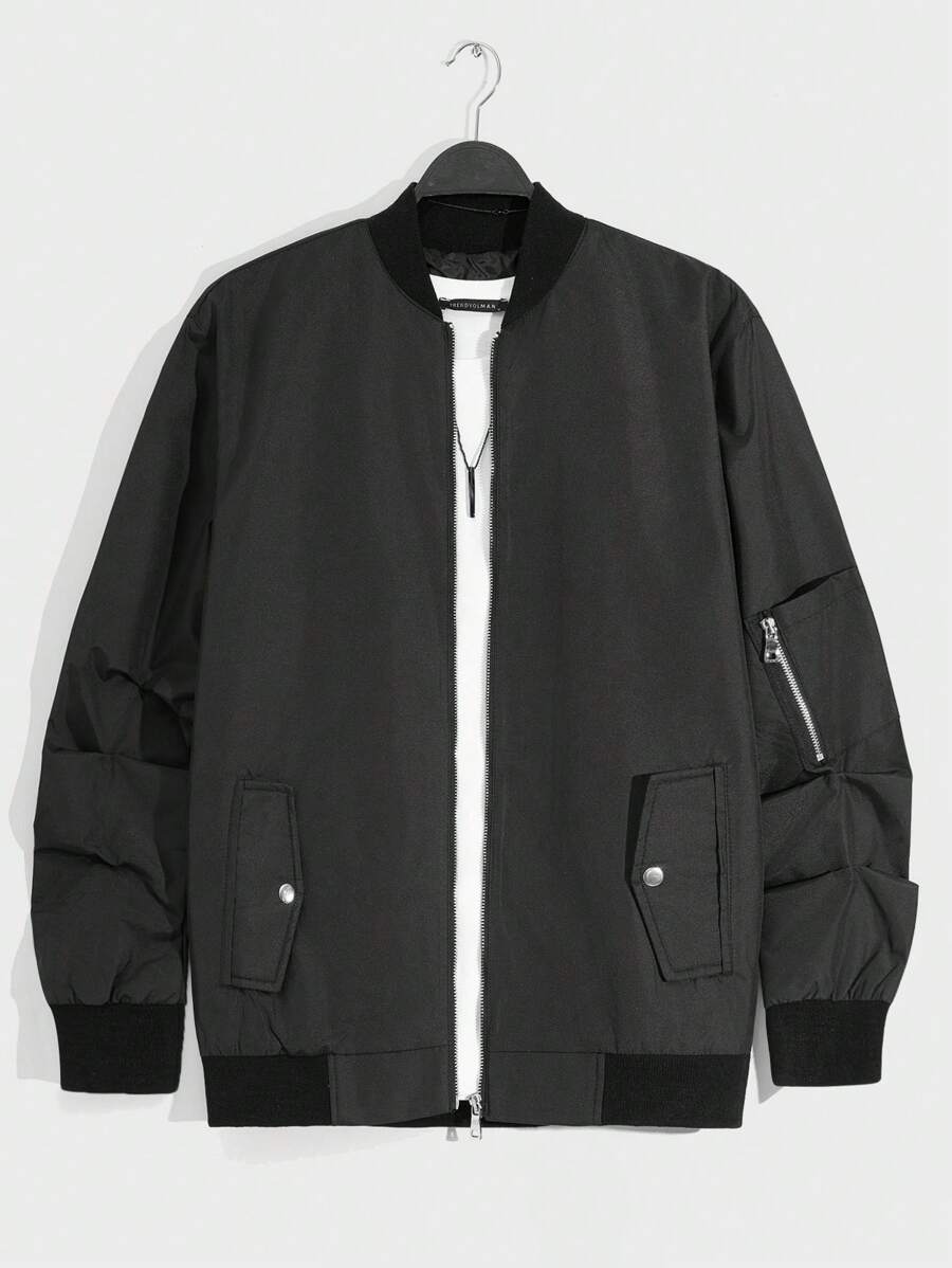 SHEIN Cottnline Men's Zipper Front Long Sleeve Baseball Collar Jacket - Black - View 1