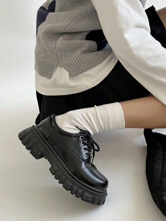 校園風格厚底皮鞋，女士復古中跟日系JK系綁帶鞋，春季新品