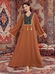 Al Najma Ladies' Arabesque Embroidery Fringed Decorated Dress - Dusty Pink - View 4