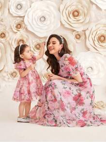 Mother & Baby Girls' Floral Pattern Organza Ruffle Sleeve Dress