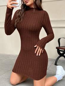 SHEIN EZwear 卡其針織緊身女長袖連衣裙