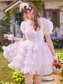 ROMWE PUNK Women's Mesh Ruffle Short Puff Sleeve Dress, School - Pink - View 4