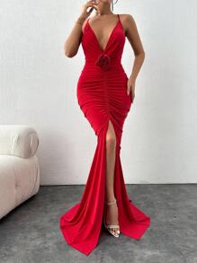EURMUSE Women's 3d Flower Decor High Front Slit Backless Spaghetti Strap Dress - Red - View 6