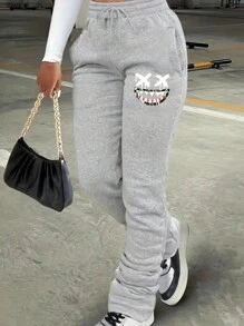 SHEIN Slayr Women's Expression Print Drawstring Waist Sweatpants - Light Grey - View 1