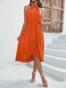 SHEIN Frenchy Women's Asymmetrical Hem Halter Neck Cut Out Dress - Orange - View 3