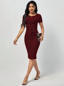 SHEIN Clasi 女士條紋短袖貼身連身裙 - 彩色 - 查看 7