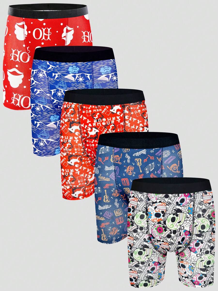 5 Pairs Of Men's Skull Print Boxer Briefs - Multicolor - View 1