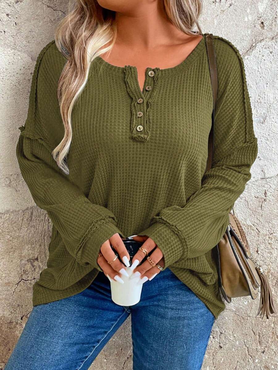 SHEIN CURVE+ Kết cấu Thiết kế Kích thước lớn Tay áo dài Áo thun - màu xanh lá - Xem 1