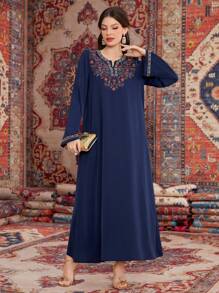 Al Najma 女士刺绣细节缺口领长袖端庄连衣裙，卡夫坦 - 藍色 - 查看 5