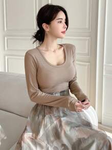 DAZY Áo thun nữ tay dài ôm vừa vặn, chất liệu mỏng, thời trang thu đông cho nữ - Màu Khaki - Xem 4