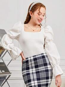 SHEIN Teen Girl's Elegant Puff Sleeve Blouse With Plaid Print Skirt Set - White - View 3