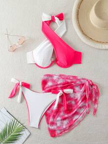 Swim Vcay Của phụ nữ Khối màu Dây Bras & Knotted Bên Tam giác Đáy Bộ Bikini Với Váy Bơi Lễ tình nhân - Nhiều màu - Xem 7