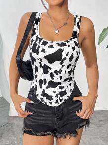SHEIN EZwear Women's Asymmetrical Hem Cow Print Tank Top - Black and White - View 4