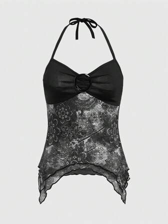 Hippie Damen asymmetrisches Neckholder Top mit Patchwork Design