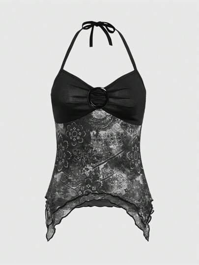 Hippie Parte superior de mujer con diseño de patchwork y bajo asimétrico de cuello halter