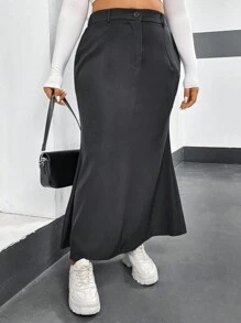 Flirla 大尺寸斜口袋魚尾下擺半身裙 - 灰色 - 查看 3