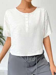SHEIN EZwear Women's Round Neck Drop Shoulder T-Shirt - White - View 6