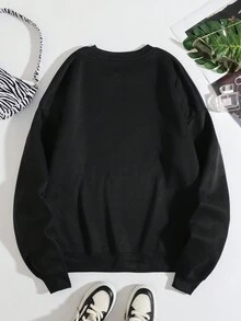 Plus Size Thermal Lined Sweatshirt With Slogan Print - Black - View 2