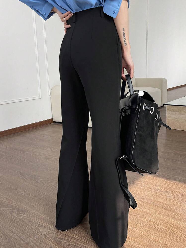 Pantalón acampanado de talle alto de unicolor con bolsillos y diseño con cremallera para mujer, pantalones de vestir para mujer