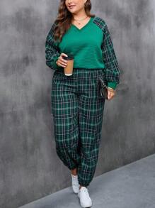 SHEIN LUNE Plus Plaid Print Raglan Sleeve Sweatshirt & Pants - Multicolor - View 5