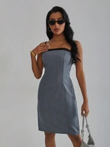 GENKIRA Women's Contrast Color Lace Decorated Spaghetti Strap Dress - Grey - View 4