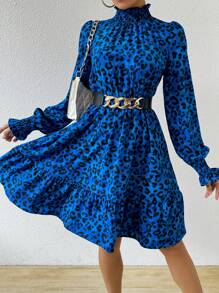SHEIN Privé 女裝豹紋印花立領連衣裙 - 藍色 - 查看 5