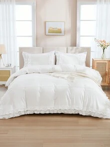 3入組雙層褶邊聚酯纖維被套,含1條蕾絲邊床裙 - 白色 - 查看 15
