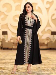 Al Najma Plus Size Embroidery Patchwork Jacket & Woven Belt Patchwork Dress