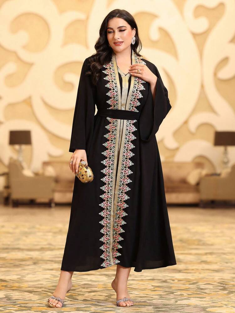 Plus Size Embroidery Patchwork Jacket & Woven Belt Patchwork Dress Kaftan Jalabiya Dress