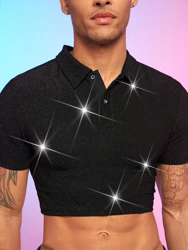 Men's Shiny Knit Casual Cropped Polo Shirt