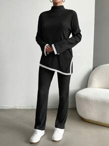 RueChic Women's Colorblocked Long Sleeve Top With Side Slit Hem And Pants Set With Trim Detail - Black - View 3