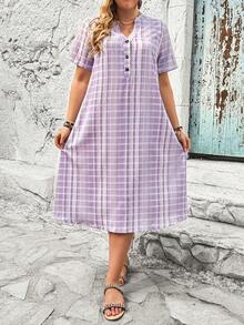 EMERY ROSE Kích thước lớn Kẻ sọc Kiểm tra Mẫu Ngắn tay Đầm Với Đường viền cổ có rãnh - Màu tím - Xem 3