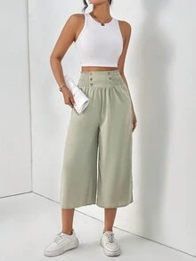 SHEIN Essnce Của phụ nữ Xếp li & Xoắn Dan Thiết kế Màu xanh lá Đàn hồi Cao eo Capri quần - màu xanh lá - Xem 3