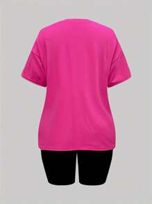 Zolique Women's Letter & Heart Printed Short Sleeve T-Shirt And Leggings Set - Hot Pink - View 2