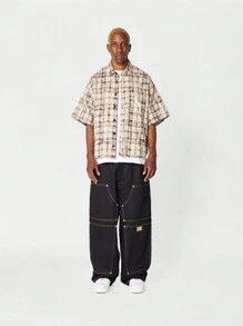 SUMWON Oversized Fit Checked Shirt With Front And Back Graphic Print - Apricot - View 5