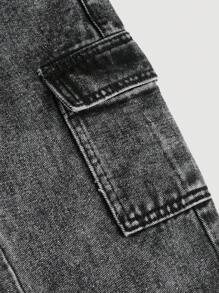 SHEIN Young Girl's Straight Leg Utility Denim Jeans - Black - View 4