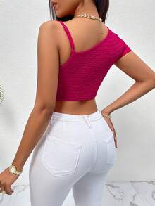 SHEIN Slayr 女式不对称颈部扭纹前短款上衣，下摆饰有结饰 - 玫紅色 - 查看 2