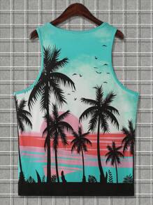 Manfinity Chillmode Men's Palm Tree Print Tank Top Beach Tops - Blue - View 2