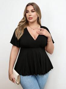 SHEIN Privé Camiseta de punto con cuello en V profundo y corte en A con costilla para tallas grandes - Negro - Ver 3