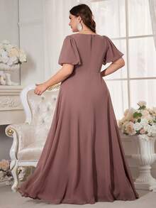 Plus Size V-Neck Pleated Chiffon Evening Dress - Dusty Pink - View 2