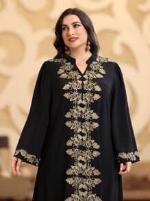 Layrah Vestido tipo kaftan con escote en pico, bordado floral, estilo de fiesta de lujo elegante, tallas grandes